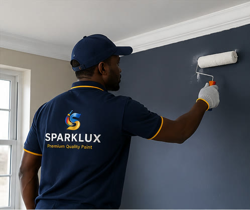 Sparklux painter applying a dark interior wall finish with a roller