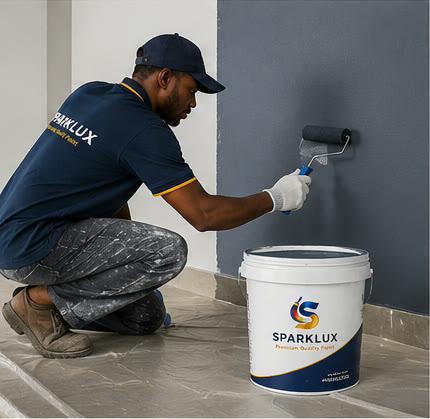 Professional painter carefully applying paint near the floor area